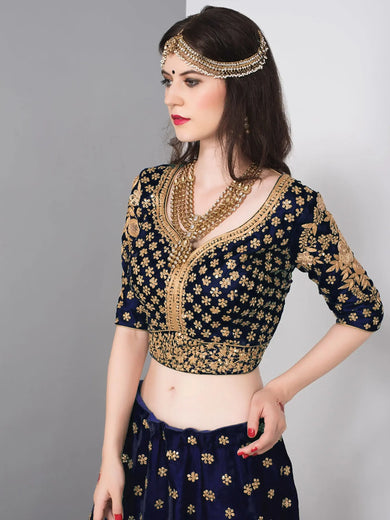 Blue Embroidered Velvet Wedding Lehenga Choli With Dupatta